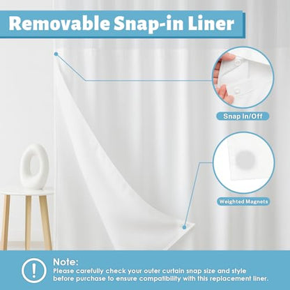 1 Pack Fabric Snap in Shower Curtain Liner Replacement, 70W x 54H | Removable & Water-Repellent,Machine Washable, with Magnets-Detachable Liner (Fit 71(W) x 74(H) with Window Shower Curtain)