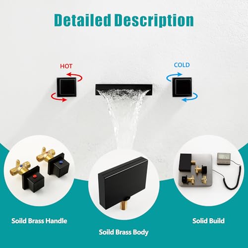 SKOWLL Waterfall Bathroom Faucet Wall Mounted, Matte Black Sink Faucet Bathroom Dual Handle 3 Holes, Modern Faucets 8 Inch Center Rough-in Valve Included - color: Matte Black