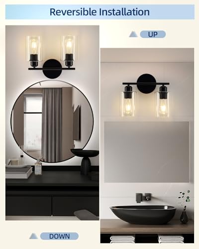 Modern Vanity Lights - Matte Black, Clear Glass Shade, Wall Sconce for Bathroom & Bedroom, 2 Pack - color: Matte Black, size: 2 Light - 2 pack