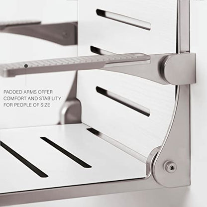 Seachrome Silhouette Comfort Folding Wall Mount Shower Bench Seat with Arms, White Seat with Silver Frame - color: White Seat With Silver Frame and Silver Arm Pads