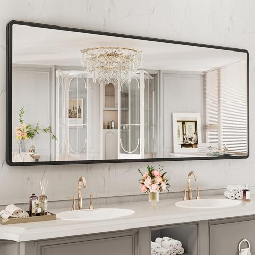 pertetey 72 x 32 in Rounded Rectangle Bathroom Mirror, Black Metal Frame | Black Metal Frame, Rounded Rectangle Design, Tempered Glass, Wall Mounted - size: 72"L x 32"W