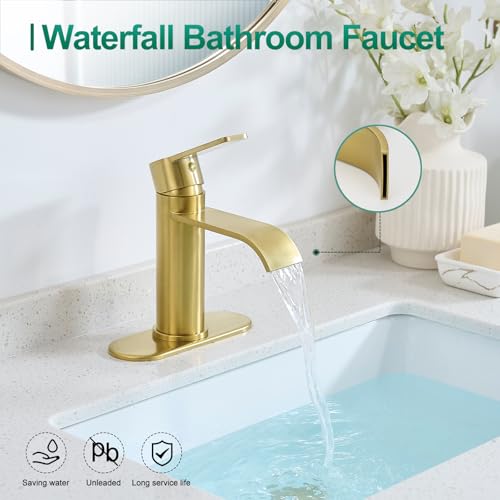 VOTON Waterfall Bathroom Faucet Brushed Gold, Single Handle 1 or 3 Hole Modern Sink Faucet with Deck Plate & Pop-Up Drain, RV Camper Vanity Washbasin Tap - color: Brushed Gold