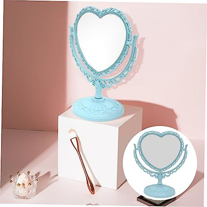 Lurrose Aesthetic Heart Shape Vanity Mirror Double Sided Makeup Mirror with 360 Degree Table Mirror with Stand for Bathroom, Bedroom (Blue) Heart Shaped Mirror