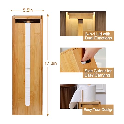Bamboo Toilet Paper Holder Stand with Storage Shelf Box, Freestanding Bathroom Tissue Organizer and Wipes Dispenser, Reversible Use Lid, Eco-Friendly Natural Wood Home Decor Gift