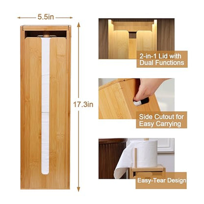Bamboo Toilet Paper Holder Stand with Storage Shelf Box, Freestanding Bathroom Tissue Organizer and Wipes Dispenser, Reversible Use Lid, Eco-Friendly Natural Wood Home Decor Gift