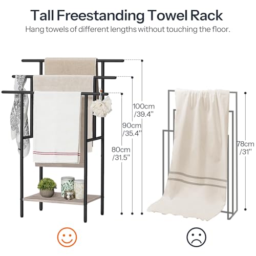 HOOBRO 39.4" Tall Freestanding Towel Rack for Bathroom, 3 Tier Stepped Blanket Rack with Shelf, Oversized Bath Towels Drying and Display Rack, Black and Rustic Brown BG50LB01 - color: Greige + Black