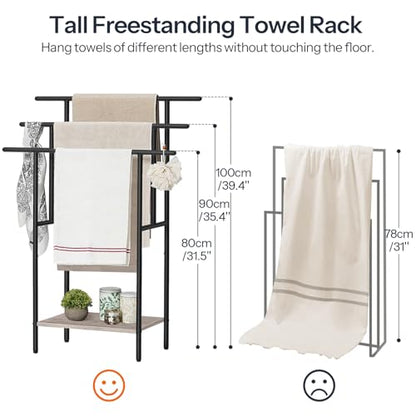 HOOBRO 39.4" Tall Freestanding Towel Rack for Bathroom, 3 Tier Stepped Blanket Rack with Shelf, Oversized Bath Towels Drying and Display Rack, Black and Rustic Brown BG50LB01 - color: Greige + Black