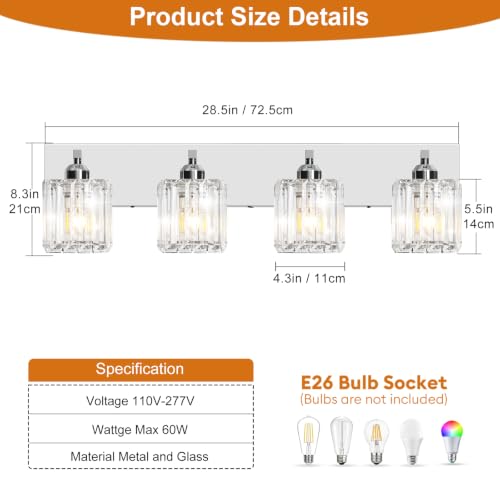 Brushed Chrome Crystal Bathroom Vanity Light, 4-Light Modern Bathroom Lighting Fixtures Over Mirror,Chrome Wall Sconce Light Fixtures with Square Shade - color: Chrome-Square Shade, size: 4-LIGHT