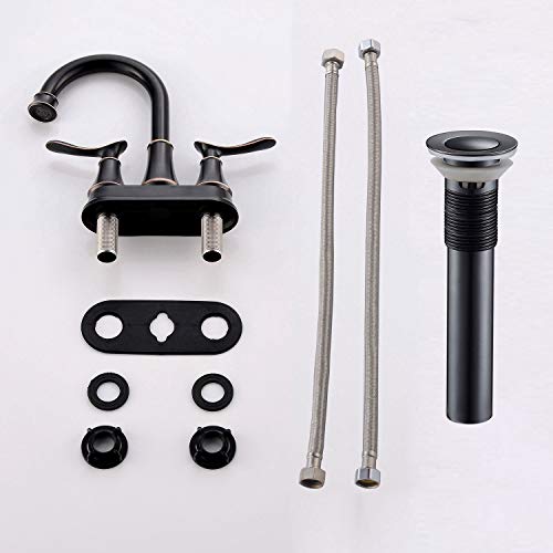 KINGO HOME Modern 2 Handle Oil Rubbed Bronze Bathroom Faucet, Bronze Bathroom Faucets RV Rubbed Bronze Bath Vanity Faucet for Sink 3 Hole with Water Supply Lines and Pop Up Drain - color: Oil Rubbed Bronze