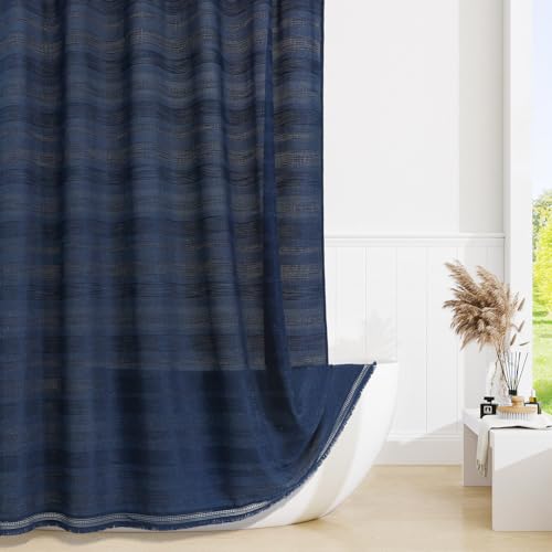 Extra Long Boho Farmhouse Shower Curtain with Tassel, Linen Bohemian French Country Chic Bathroom Shower Curtain Set, Modern Striped Textured Shower Curtain 72x84 - Navy Blue - color: Navy, size: 72"W x 84"L (Pack of 1)