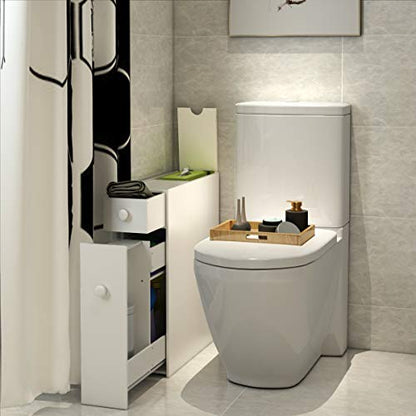 Tangkula Slim Storage Cabinet, Free Standing, with Slide Out Drawers, Narrow Floor Bathroom Organizer Next to Toilet, Toilet Paper Holder, 19 x 6.5 x 23 Inches (White) - color: White
