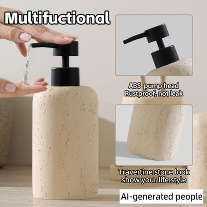 Bathroom Accessories Set, Travertine Stone Look, 5 PCS, Yellow | Modern, Bathroom Set with 13.53 OZ Soap Dispenser, Toothbrush Holder, Tumbler, Vanity Tray, Cotton Swab Jar for Countertop - color: Yellow 5 Pcs
