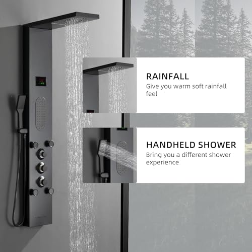 BWE LED Shower Panel,Black Rainfall Shower Panel Tower System | Stainless Steel Shower Tower with Massage Body Jets Tub Spout Wall Mounted Shower Fixtures with Temperature Display