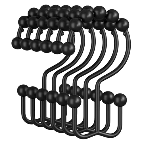 Shower Curtain Rings, Rust-Resistant Metal Double Shower Hooks for Curtain Rolling Shower Curtain Hooks Rings Shower Rings for Bathroom Shower Curtain Rod, Matte Black, Set of 12 Rings - color: Black, style: Modern - Double Hooks