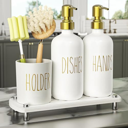 Cisily Kitchen Soap Dispenser Set Comes with Ceramics Sponge Holder, Gold Pumps, and Instant Dry Tray, Hand and Dish Soap Dispenser Set (4, Gold + White + Brush Holder) - color: Gold + White + Brush Holder