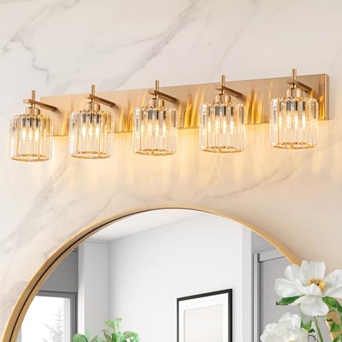 Modern Crystal Bathroom Vanity Lights, Gold 5-Lights Bathroom Light Fixtures Over Mirror, Crystal Wall Lighting with Polished Brass Finish - color: Gold-Round Shade, size: 5-Light