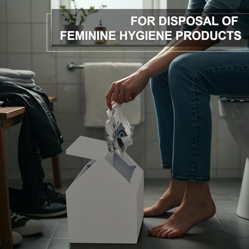 Double Entry Sanitary Napkin Receptacle Swing Top Floor Receptacle Tampon Disposal Bin with 100 Black Disposal Liner Bags, Feminine Waste Tampon Holder Bathroom Hygiene Container, White, Metal