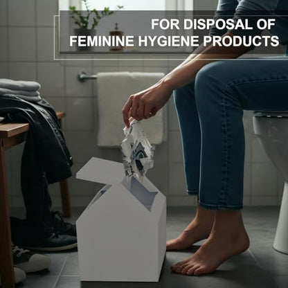 Double Entry Sanitary Napkin Receptacle Swing Top Floor Receptacle Tampon Disposal Bin with 100 Black Disposal Liner Bags, Feminine Waste Tampon Holder Bathroom Hygiene Container, White, Metal