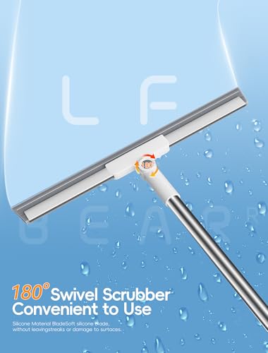 Floor Squeegee Broom with Long Handle, Heavy Duty Rubber Squeegee Kit, Scrubber for Tile Floor, Garage, Concrete with 2 Replacement Heads & 1 Cloth (3-in-1 Set)