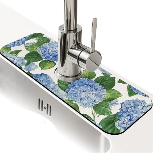 Kitchen Sink Splash Guard，Blue hydrangea-1 Faucet Mat Sink Gadgets-Super Absorbent Fast Drying Mat Drip Catcher for Kitchen, Bathroom,Sink Mat, Dish Drying Mat, Bathroom(15" X 5.5" ) - color: Blue hydrangea-1