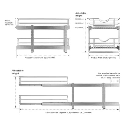 2 Tier Pull Out Cabinet Organizer,(8½"W x 22" D) Soft Close Slide Out Drawer For Kitchen Base Cabinet, Individual Pull Out Shelf, Roll Out Pantry Organization, 22 Inch Deep - size: 2 Tier(8½"W x 22"D)