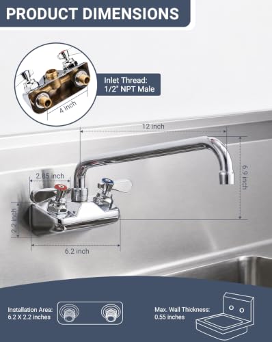 Commercial Sink Faucet - Leak Free Brass 4 Inch Wall Mount 2 Hole, 12" Swivel Spout 3 Compartment Sink Faucet for Restaurant/Industrial/Kitchen/Laundry/Bar - size: 4" Center 12" Swivel Spout