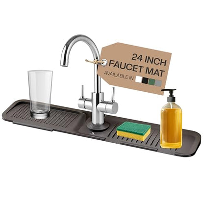 Faucet Mat for Kitchen Sink, 24 Inch Silicone Sink Splash Guard, Extra Long Faucet Drip Catcher Tray, Fast Drying Sink Drying Mat, Countertop Water Protector for Kitchen & Bathroom Sink, Black