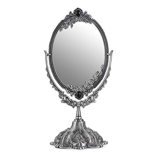 JUXYES Metal Tabletop Antique Decorative Makeup Mirror with Stand, Vintage Swivel Double Sided Cosmetic Mirror with Frame, Retro Desktop Oval Dressing Mirror for Bathroom Bedroom | Vintage 360° Swivel Double Sided Cosmetic Mirror with Frame, Retro Desktop