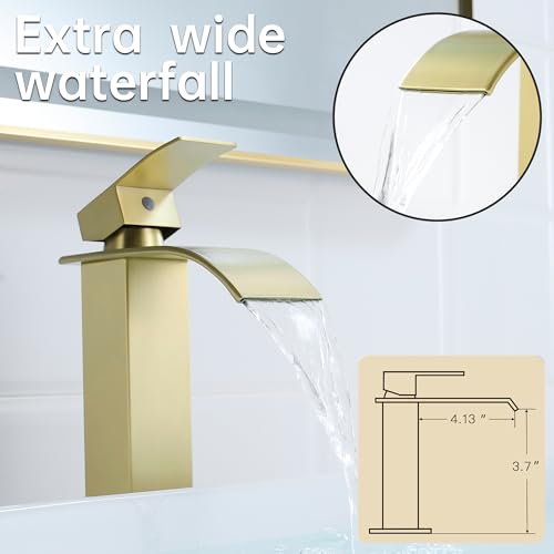 Tall Vessel Sink Faucet Brushed Gold Faucet for Bathroom Sink Tall Waterfall Bathroom Faucet Single Handle 1 or 3 Hole Wash with Pop-up Drain - color: Brushed Gold