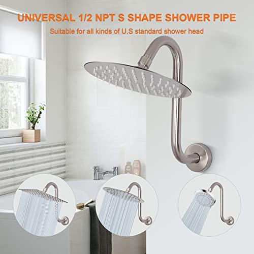 S Shaped Shower Arm, High Rise Shower Head Extension Pipe Standard 1/2" Connection with Flange, Awesome Shower Experience-Stainless Steel Bathroom Accessory(10 Inch S Shape, Brushed Nickel) - color: Brushed Nickel, style: 10" S Shape