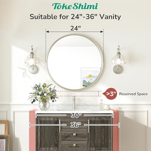 24 Inch Circle Bathroom Mirror Brushed Nickel, Tempered Round Wall Mirror, Shatterproof 24x24 Hanging Wall Mirrored Farmhouse for Bedroom, Entryway, Restroom, Vanity, Living Room - size: 24"L x 24"W