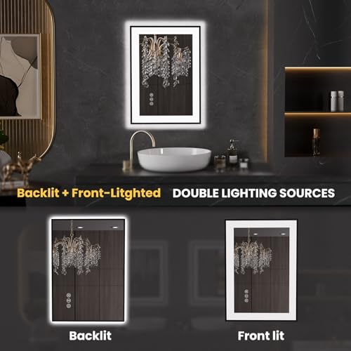LOAAO 20"X28" LED Bathroom Mirror Black Framed | Anti-Fog, Dimmable, Memory Function, Tempered Glass, Lighted Vanity Mirror for Wall - size: 20"L x 28"W
