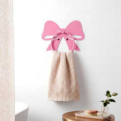 Pelopy Pink Bow Towel Holder for Bathroom Coquette Metal Towel Ring Hanger Wall Mounted Pink Bow Bathroom Decor Heavy Duty for Women Girls Kitchen Home Decor Gift - style: Pink Bow