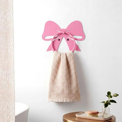 Pelopy Pink Bow Towel Holder for Bathroom Coquette Metal Towel Ring Hanger Wall Mounted Pink Bow Bathroom Decor Heavy Duty for Women Girls Kitchen Home Decor Gift - style: Pink Bow
