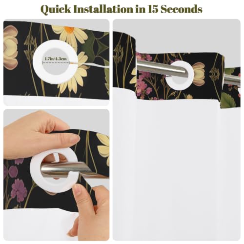 Dark Floral Shower Curtain with Snap in Liner & Tassels, 71W x 77L | No Hook Needed, Double Layer Waterproof Fabric with Mesh Top, Moody Botanical Wildflower Design for Boho Farmhouse Bathroom - color: Colorful Wildflowers