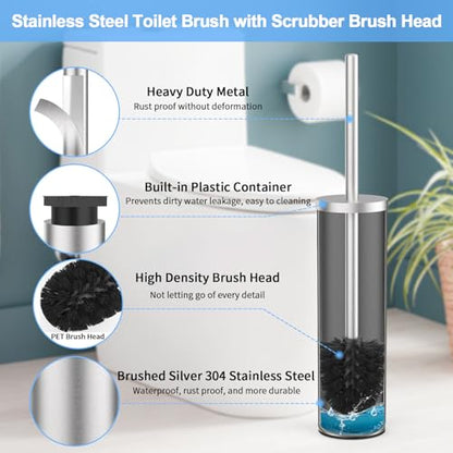 Stainless Steel Toilet Brush and Holder Set Brushed Silver Heavy Duty Toilet Bowl Brush with Long Handle for Bathroom and Farmhouse (Silver-2) - color: Silver-2
