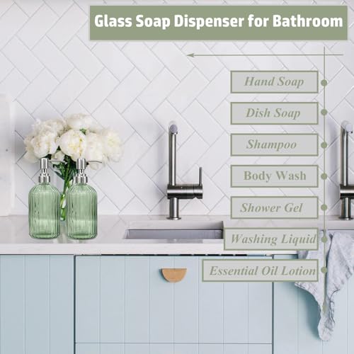 14Oz Green Soap Dispenser Bathroom, 2 Pack, Stainless Steel Pump, Stripe | Clear Glass Hand Soap Dispensers, Refillable Dish Soap Dispenser for Kitchen, Countertop Soap Dispensers - color: Green (2-pack)
