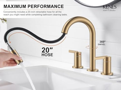 Champagne Bronze Pull Down Widespread Bathroom Faucet 2 Handle 3 Hole | Pull Out Bathroom Faucet with Pop Up Drain & Supply Lines, Lead-Free cUPC & NSF Certified, 8 Inch Faucet for Vanity RV Sink - color: Champagne Bronze