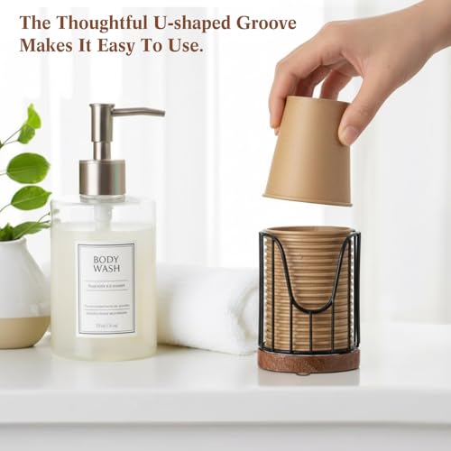 3 Pack Bathroom Cup Dispenser with Wood Stand for 3 oz Cups, Essential Guest Bathroom Accessories for Vanity Countertop Toothbrush Holders, Mouthwash Cup Dispenser, Cotton Pad Rack, Black