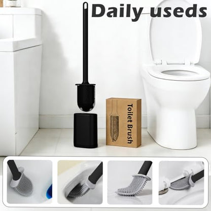 Silicone Toilet Brush and Holder Set, Flexible Toilet Bowl Brush Head with Silicone, Long Handle, Wall Mounted with Removable Anti-Leakage Base, Soft Bristles for Bathroom Deep Cleaning (Black) - color: Black