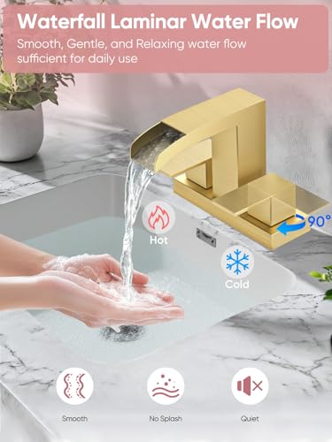 Cobbe Waterfall Bathroom Faucets 3 Hole, Brushed Gold Bathroom Sink Faucet Square 4 Inch Centerset with Pop-Up Drain, 2 Handle and 2 Supply Hoses, Lead-Free Stainless Steel for Vanity Sink Rv - color: Gold, size: 4 Inch Centerset