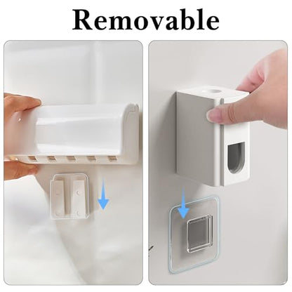 Linkidea Wall Mount Toothbrush Holder and Toothpaste Dispenser, Plastic Self Adhesive 6 Slots Tooth Brush with Cover for Bathroom, Compatible with Oral-B CrossAction, Colgate Extra Clean