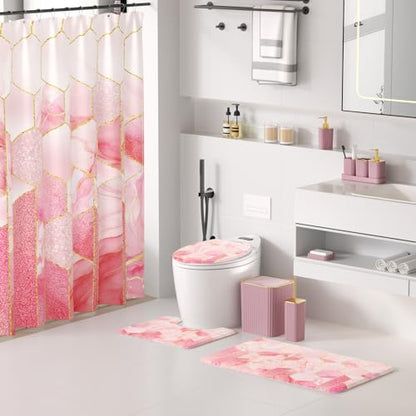 XLHOMO Bathroom Set - 26PC Bathroom Set with Shower Curtain and Rugs, Bathroom Accessory Set, Pink Bathroom Accessories Set, Trash Can & Soap Dispenser - style: Pink&Gold