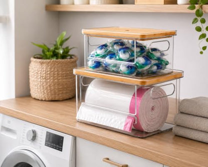 2-in-1 Stackable Trash Bag Dispenser & dishwasher pod holder with Wooden Top – Garbage Bag Holder for 13-33 Gallon Bags – Trash Bag Dispenser Under Sink with Anti-Slip Base for Laundry Detergent Pods