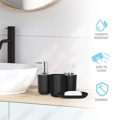 Black Bathroom Accessories Set 4 PCS, Black Bathroom Accessories | Plastic Soap Dispenser and Toothbrush Holder Set, Soap Dish and Mouthwash Cup, Boho Bathroom Decor, Bathroom Set - size: 4Pcs Black