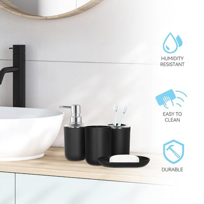 Black Bathroom Accessories Set 4 PCS, Black Bathroom Accessories | Plastic Soap Dispenser and Toothbrush Holder Set, Soap Dish and Mouthwash Cup, Boho Bathroom Decor, Bathroom Set - size: 4Pcs Black