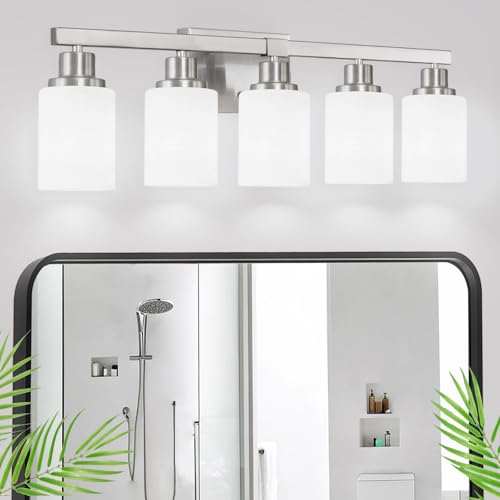 5-Light Bathroom Light Fixtures, 30" Nickel Bathroom Vanity Light with Milky White Glass Shade, Modern Bathroom Wall Lights Over Mirror, Farmhouse Wall Sconces Lighting for Bedroom Living Room - color: Nickel, size: 5-Light