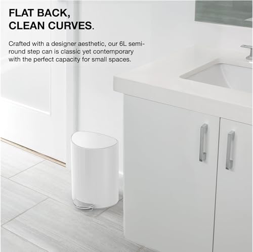 simplehuman Semi-Round Step Can, 6L / 1.6 Gallon Bathroom Trash Can, Liner Pocket®, Sleek Internal Hinge, 150,000-Step Pedal, Lid Shox® Silent Close, White Steel - color: White Steel