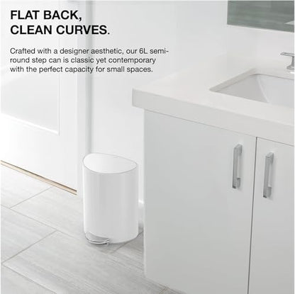 simplehuman Semi-Round Step Can, 6L / 1.6 Gallon Bathroom Trash Can, Liner Pocket®, Sleek Internal Hinge, 150,000-Step Pedal, Lid Shox® Silent Close, White Steel - color: White Steel