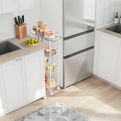 Utility Slim Storage Cart, 4-Tier Storage Cart, Narrow Cart with Handle, 7.1 Inches Deep, Metal Frame, for Kitchen, Dining Room, Living Room, Home Office, Rustic Brown and Classic (4 Tier White) - color: 4 Tier White
